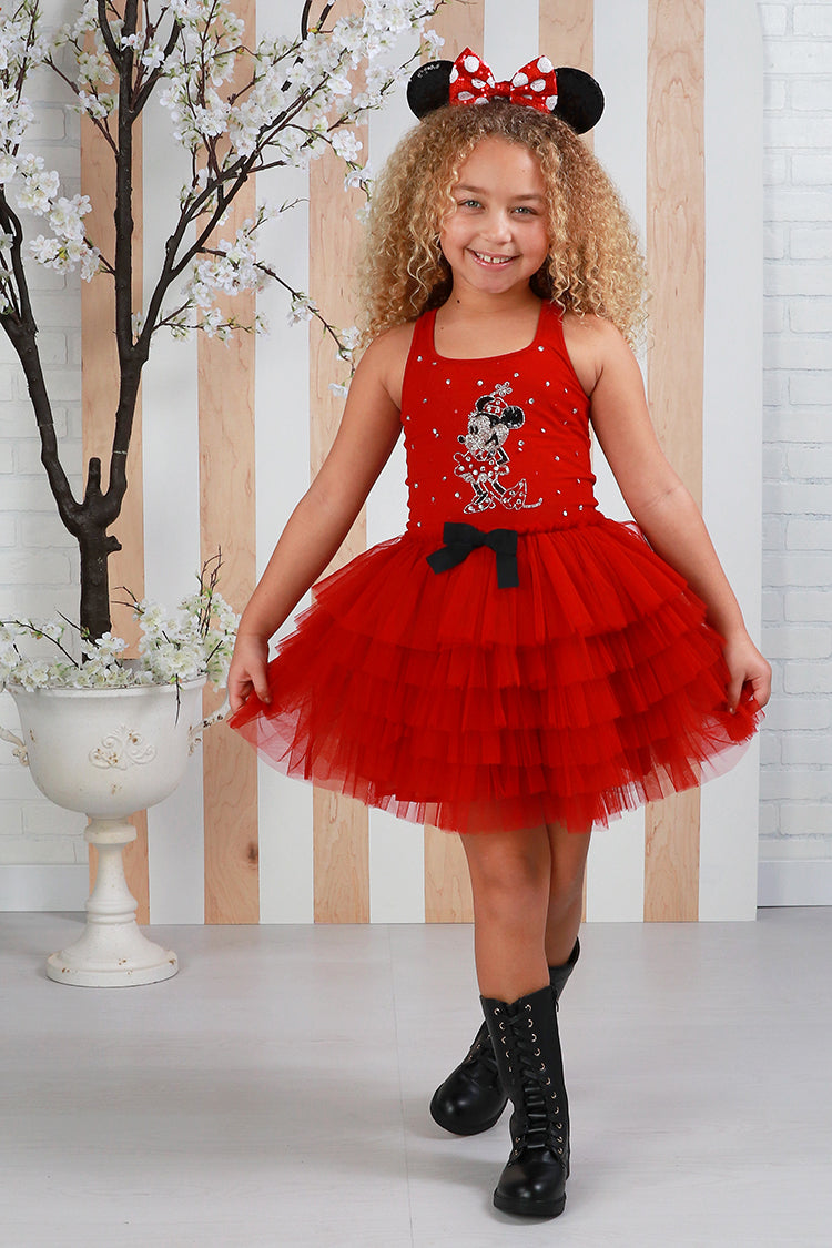 Close-up of a red and black Ooh! La, La! Couture girls' dress featuring intricate hand-detailed beadwork and sparkling sequin embellishments.