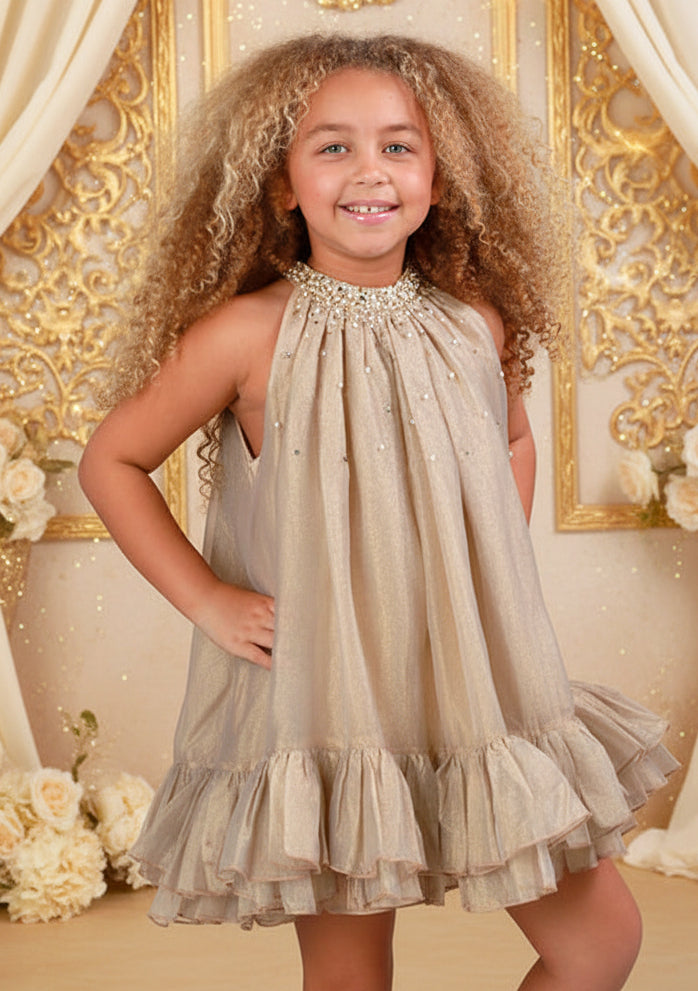 Ooh! La, La! Couture Solene Dress in shimmering gold with a pearl and sequin embellished bodice and layered ruffled tulle hem.