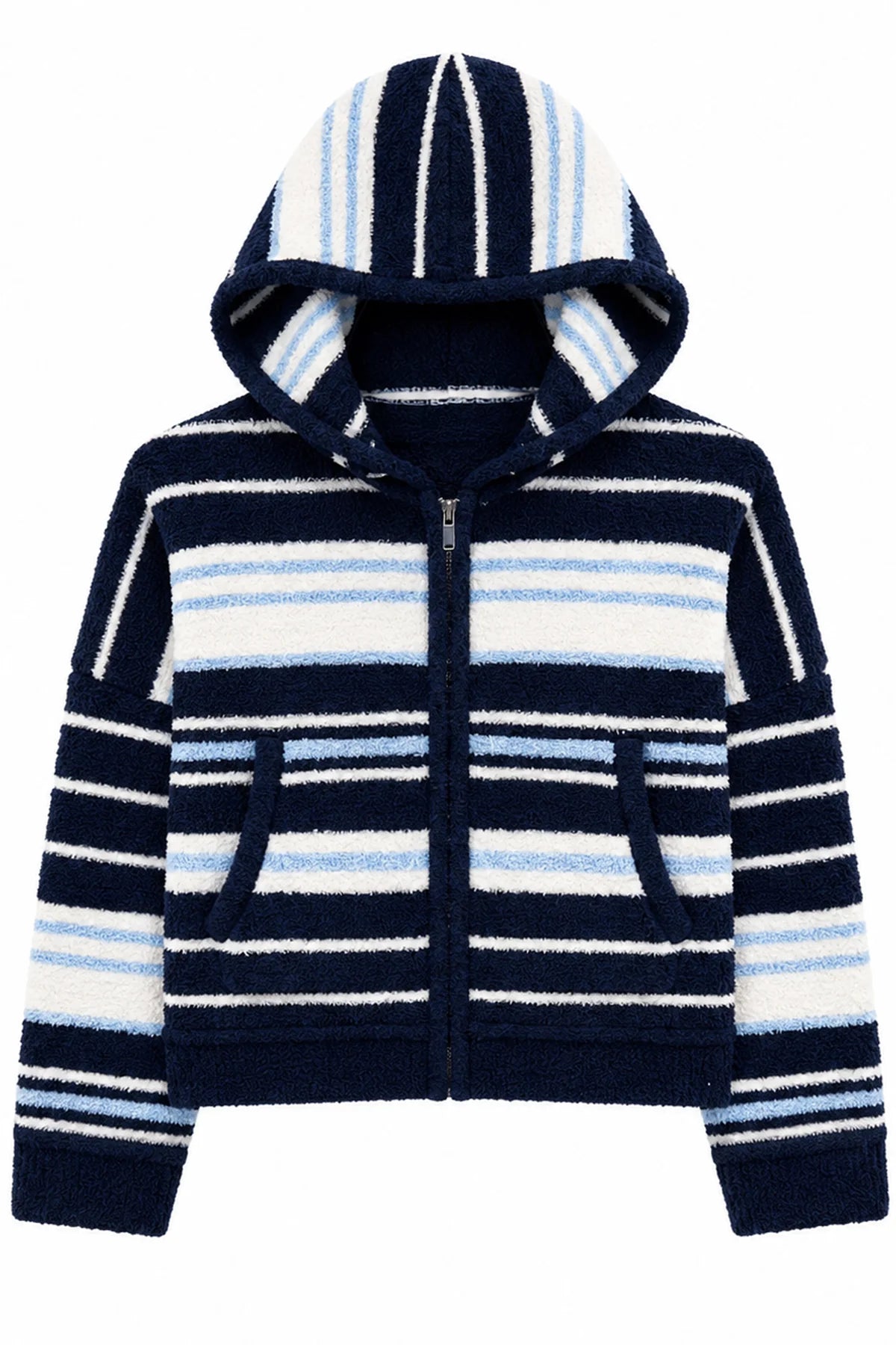 girls zip-up sweatshirt navy blue, white, and light blue striped zip-up hoodie with a fuzzy textured fabric, featuring a hood and two front pockets, shown against a plain white background.