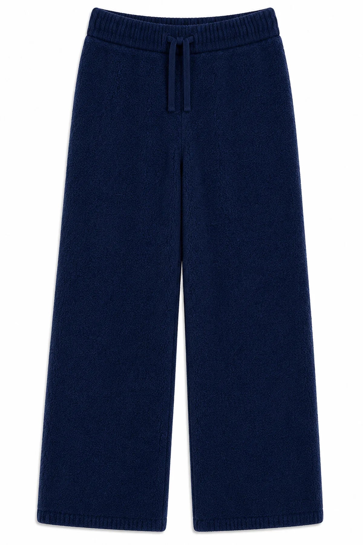 A pair of  tween girls navy blue knit wide-leg pants with an elastic waistband and a matching drawstring, shown flat against a white background.