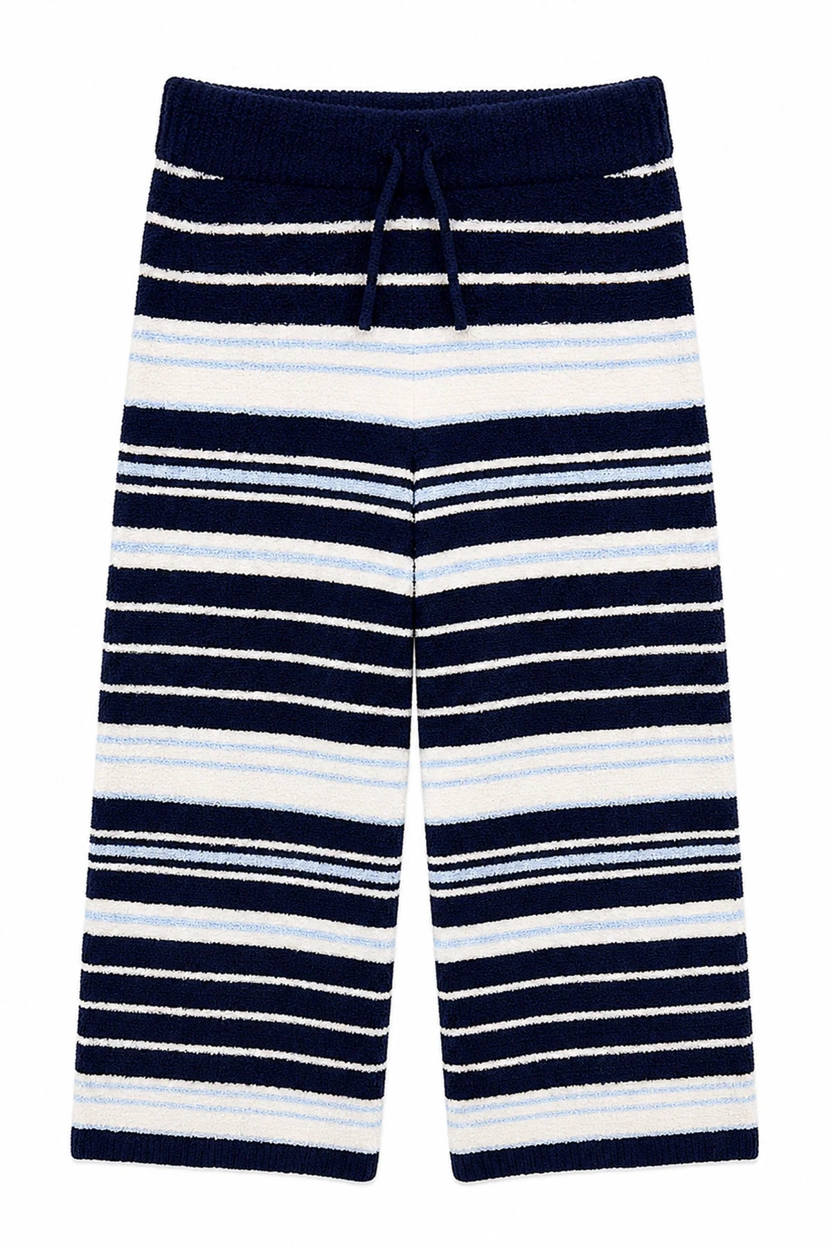 Tween girls ultra-soft mixed blue striped wide leg lounge pants by KatieJ NYC with adjustable drawstring waist.