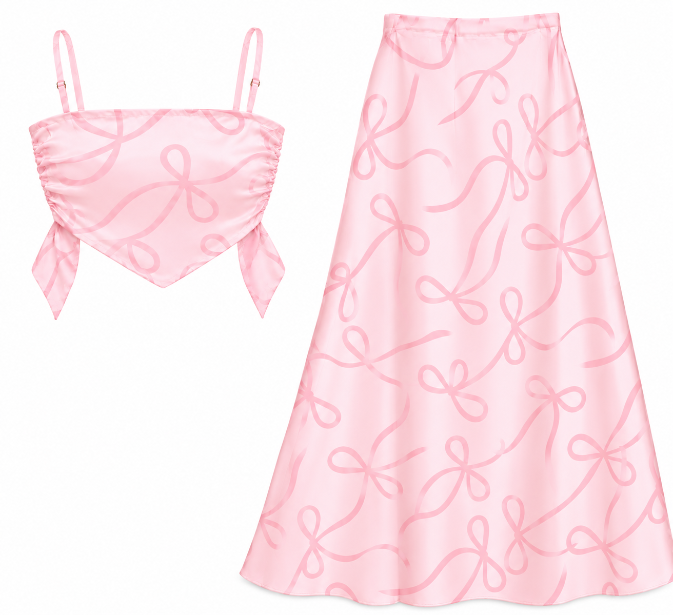 KatieJ NYC Tween 2pc Satin Maxi Skirt Set - Baby Pink Bow Jacquard