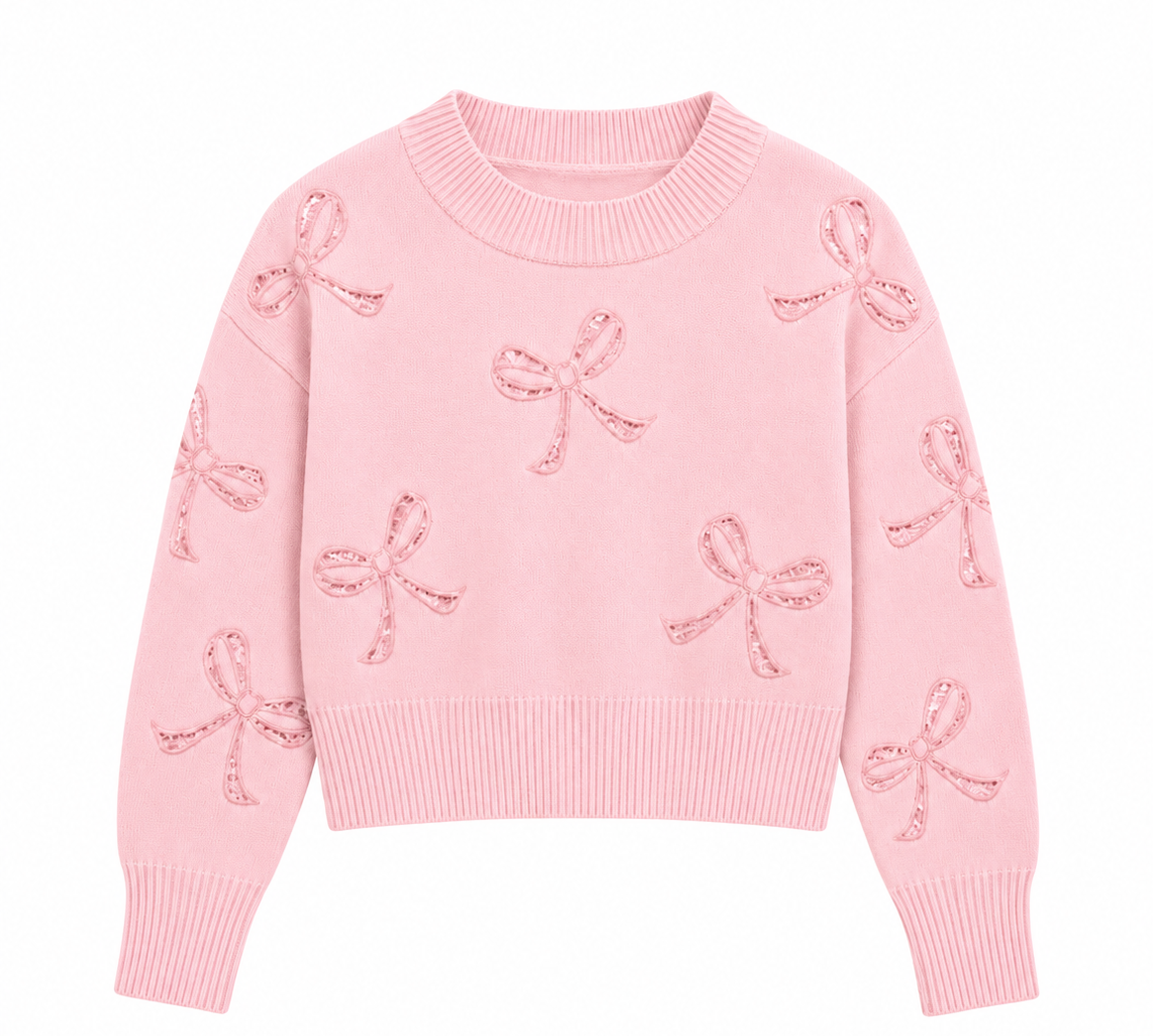 KatieJ NYC Tween Erin Lace Bow Sweater - Baby Pink