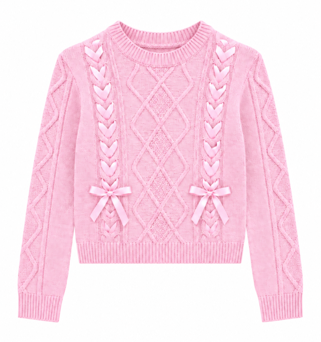 KatieJ NYC Tween Monroe baby pink cable knit sweater with satin ribbon details and two bows