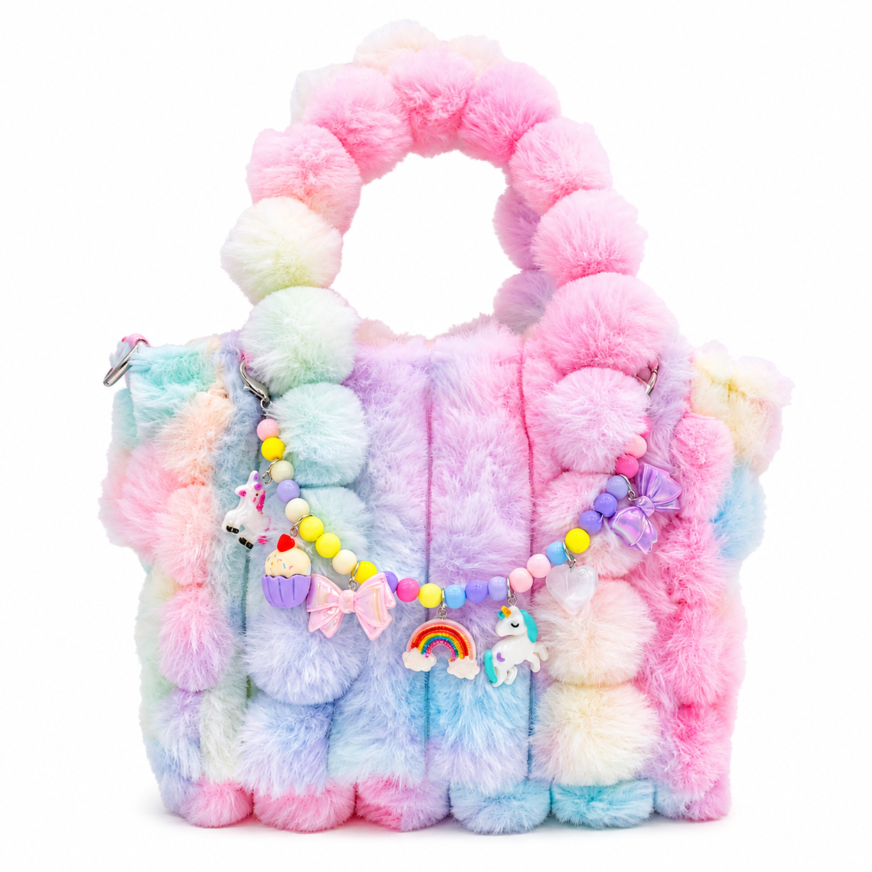 Pastel faux fur girls handbag in pink, lavender, blue, mint, and ivory with fluffy handles and a beaded charm strand featuring unicorn, rainbow, bow, cupcake, and heart accents.