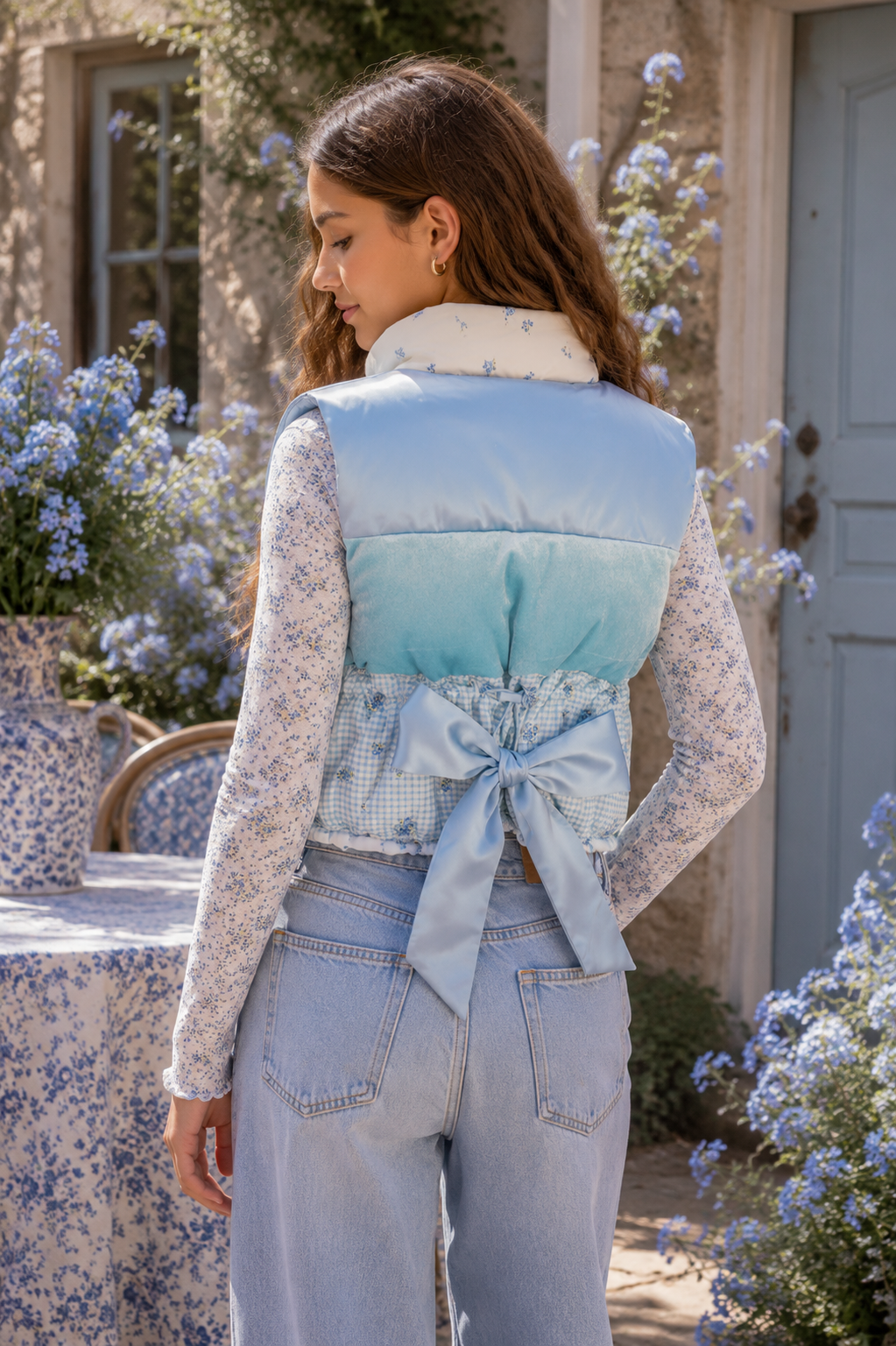 A tween girl shown from the back wearing a light blue quilted puffer vest over a floral long-sleeve top and light blue jeans, standing outdoors in front of a stone building with blue flowers.