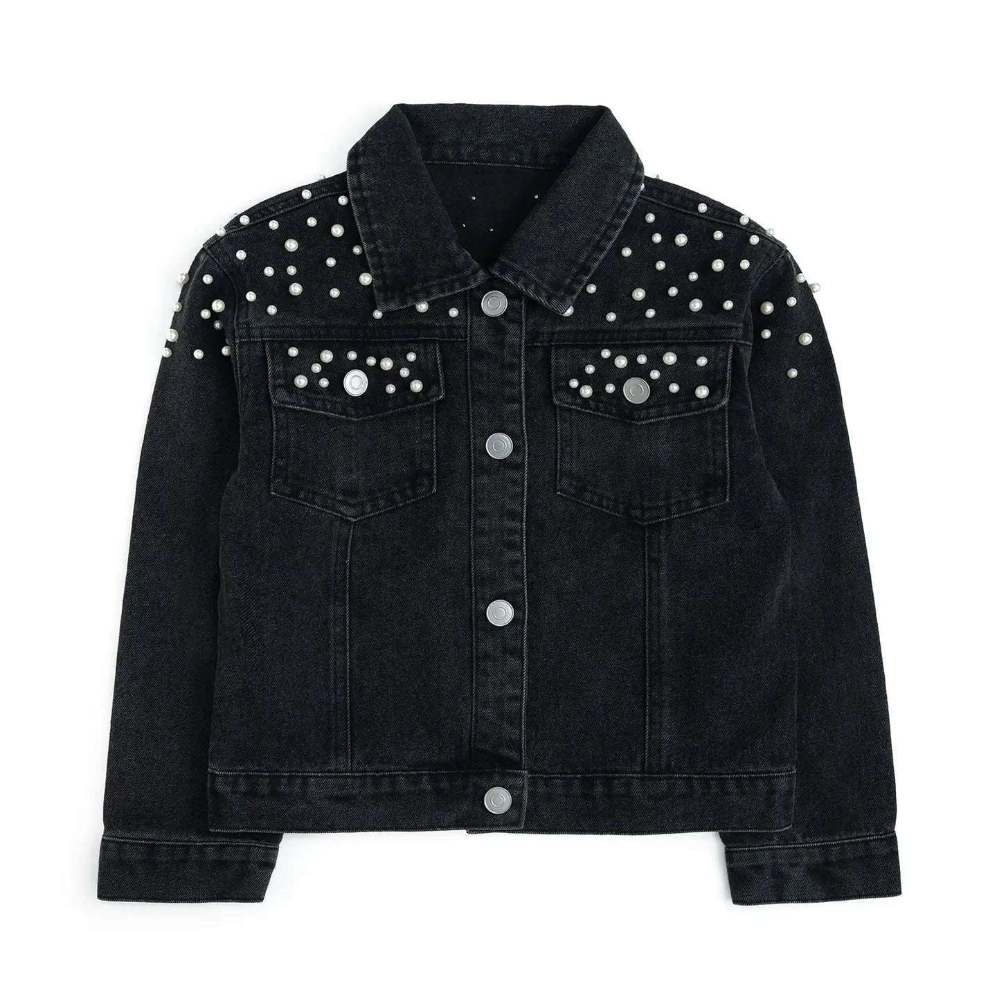 Close-up of the Sweet Wink black denim jacket showcasing elegant pearl accents on the shoulders and front pockets.