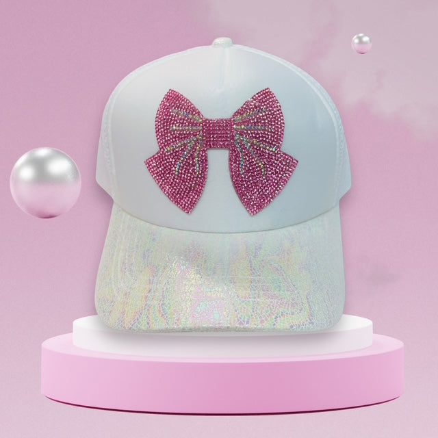 Bari Lynn White Iridescent Hat With Pink Bow- Tween