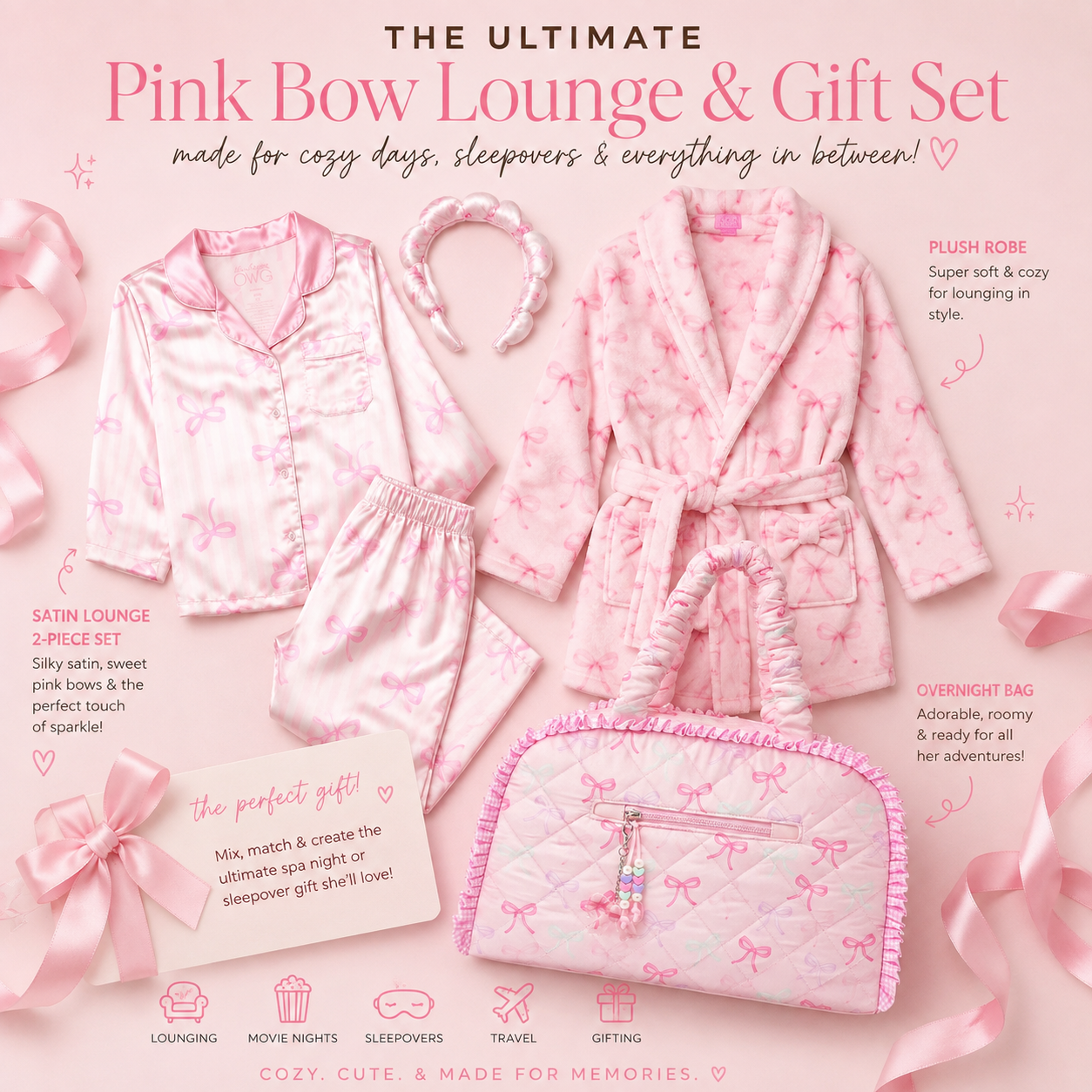 A pink-themed girls gift set layout featuring a satin lounge robe, matching sleepwear, a plush robe, a headband, and a quilted pink bow handbag on a soft pink background with decorative ribbons and text callouts.