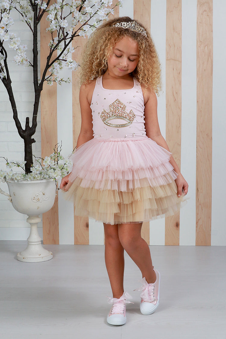 Ooh! La, La! Couture pink and gold princess dress for girls featuring a jeweled tiara-inspired bodice and layered baby pink and shimmering gold tulle skirt.