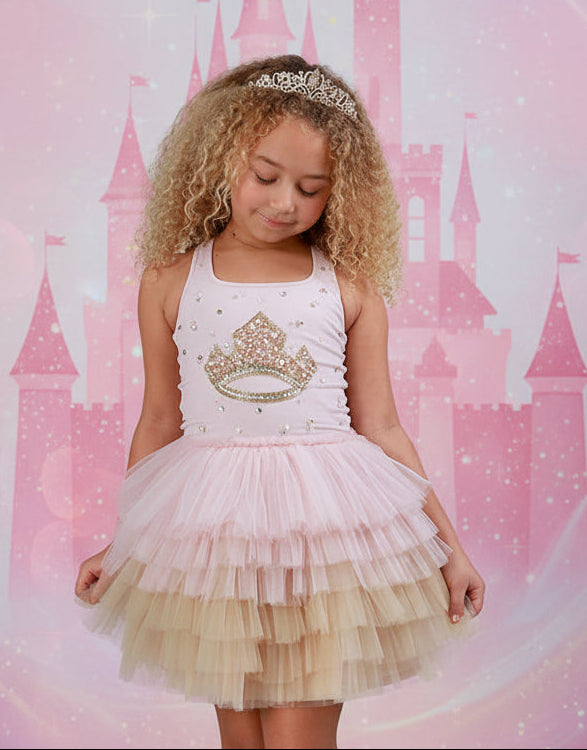Ooh! La, La! Couture girls' pink and gold tulle dress featuring layers of soft baby pink tulle over shimmering gold tulle for a full twirl-worthy skirt.