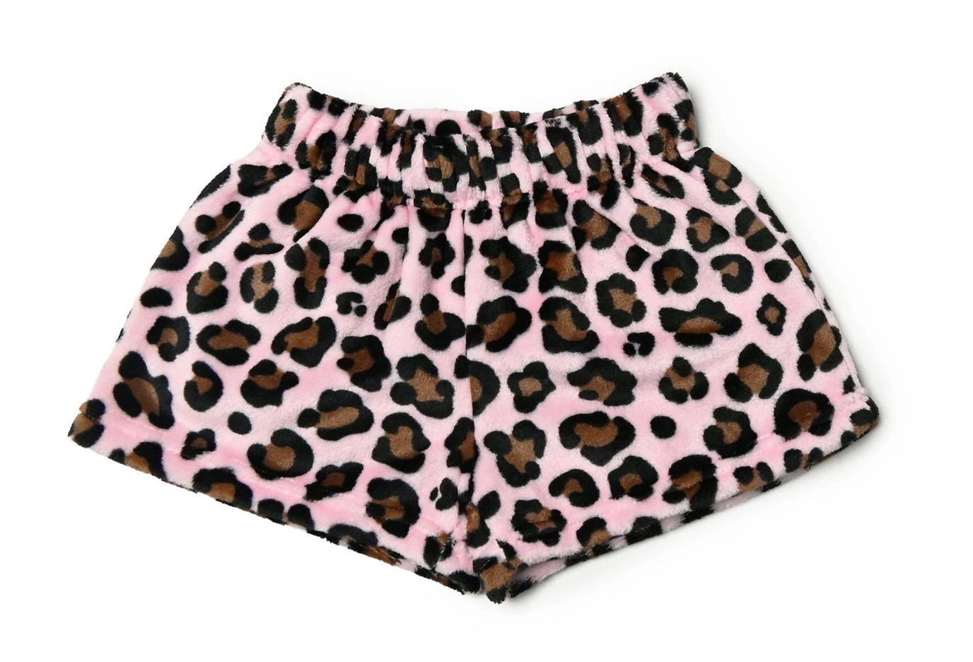 Pink leopard fleece lounge shorts for girls with elastic waistband