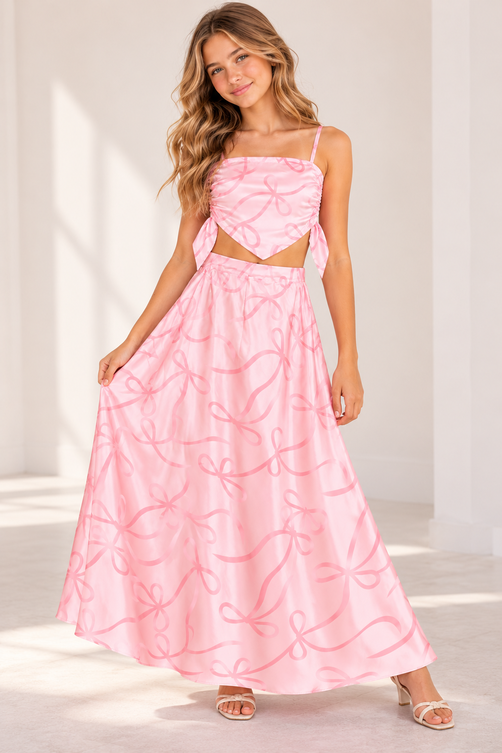 KatieJ NYC Tween 2pc Satin Maxi Skirt Set - Baby Pink Bow Jacquard
