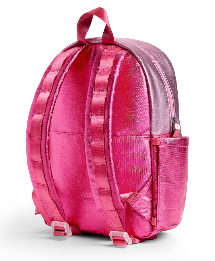 Premium toddler backpack in shimmering metallic pink ombré featuring adjustable padded shoulder straps and durable construction.