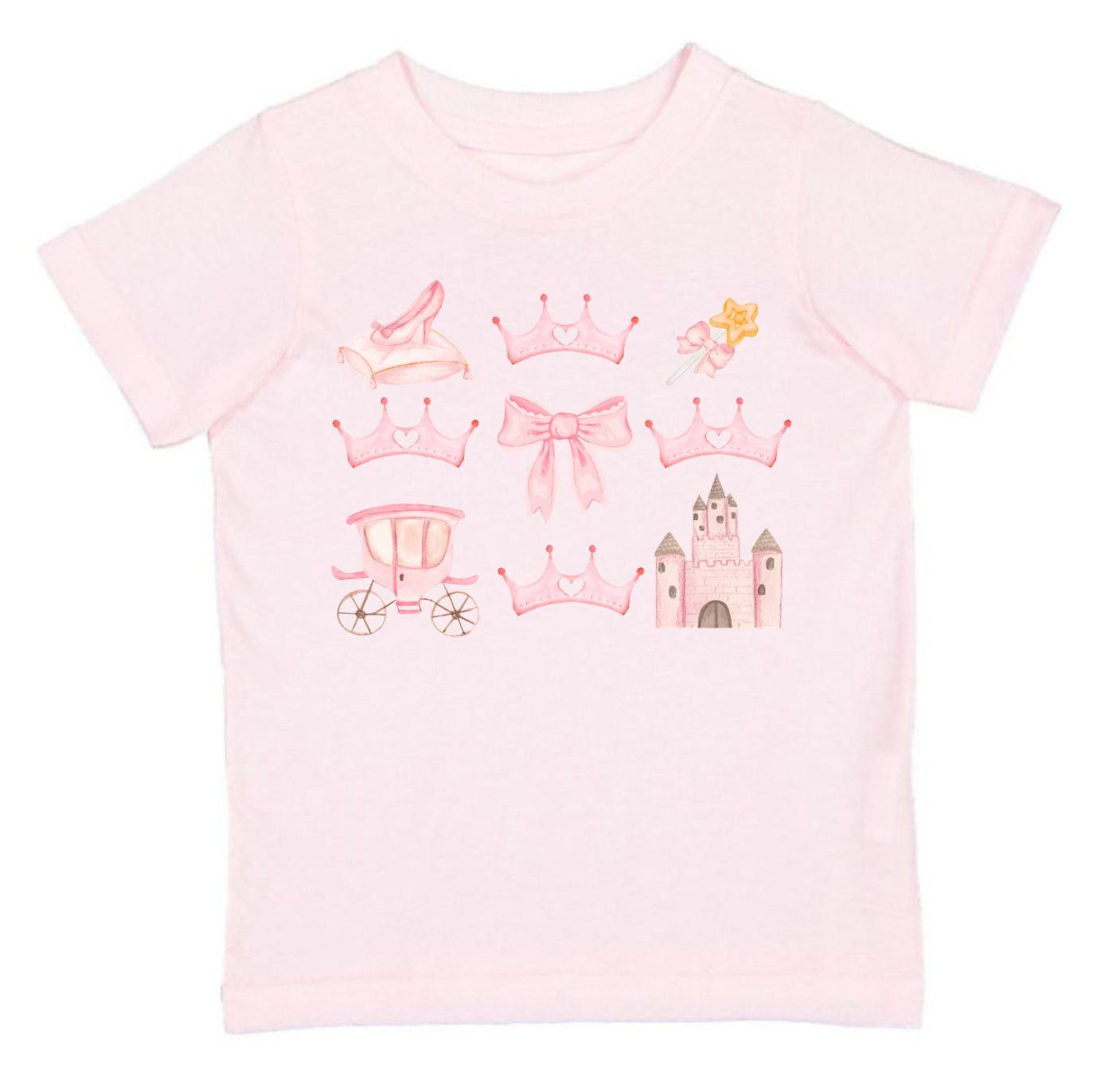 Cute girls pink princess t-shirt by Sweet Wink featuring fairytale graphics including crowns, castle, carriage, and bow—perfect for Magic Kingdom, birthdays, and magical family vacations.