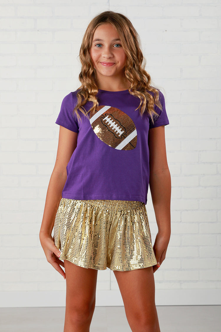 Queen Of Sparkles Kids Game Day Football Tee- Purple/Gold