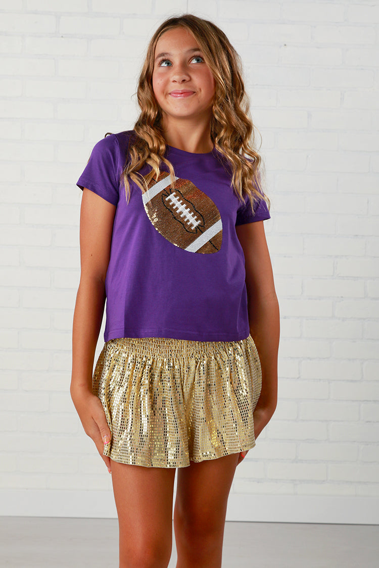 Queen Of Sparkles Kids Game Day Football Tee- Purple/Gold