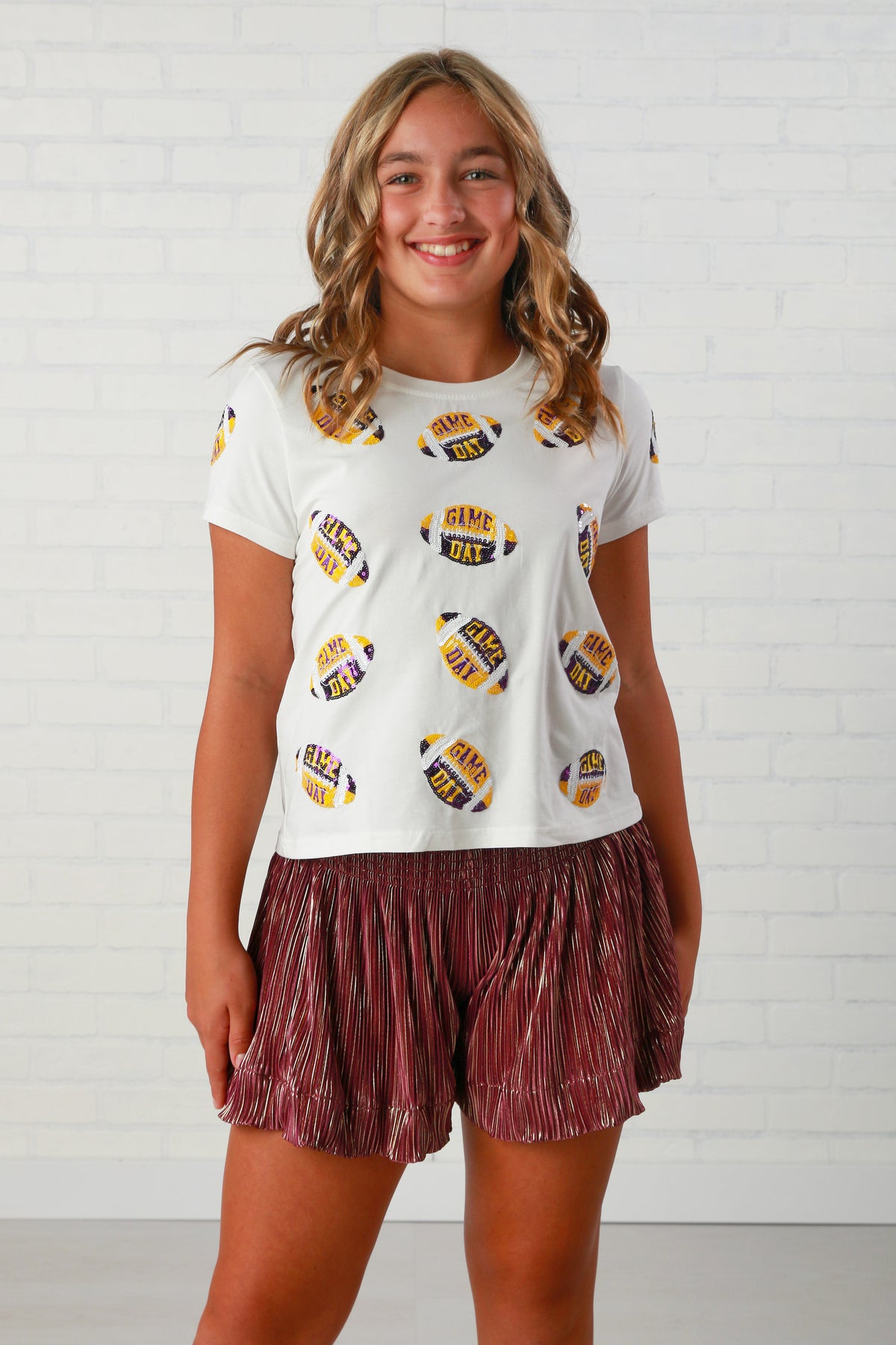 Queen Of Sparkles Kids Football Sequin Tee - Purple &amp; Gold