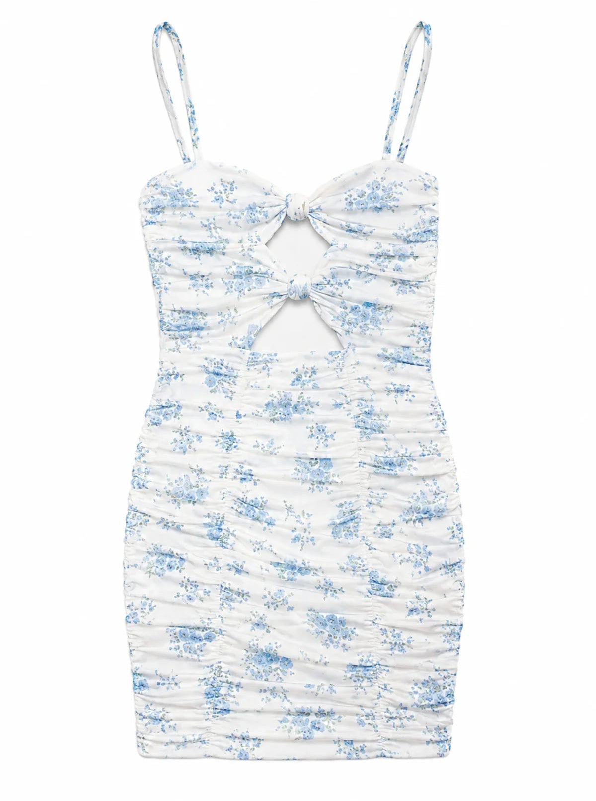 KatieJ NYC Rita Mesh tween mini dress in white floral print with ruched mesh fabric and front bow cutout