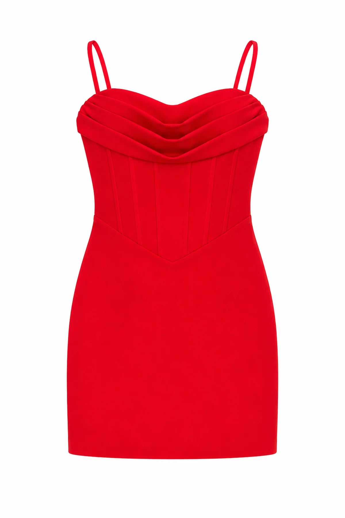 This modeled image showcases a red tween special occasion dress with delicate spaghetti straps, a soft cowl neckline, and a simple, sophisticated silhouette perfect for a dressy event.