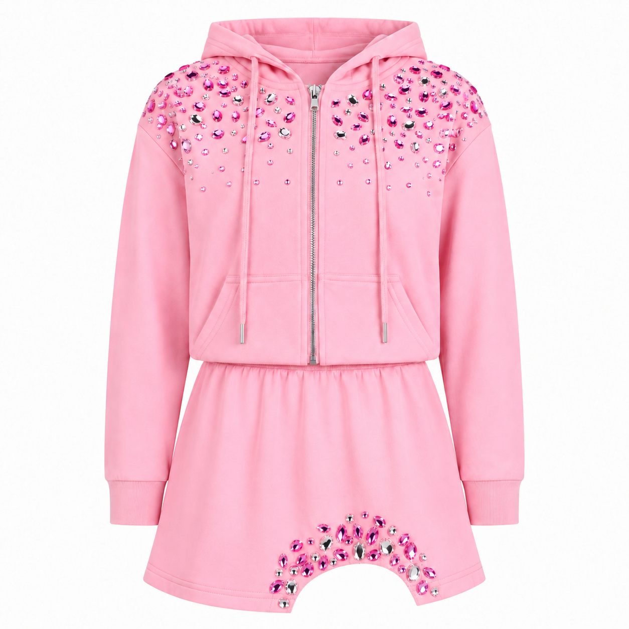 Girls pink two piece outfit with sparkling gems and cutout skirt hem