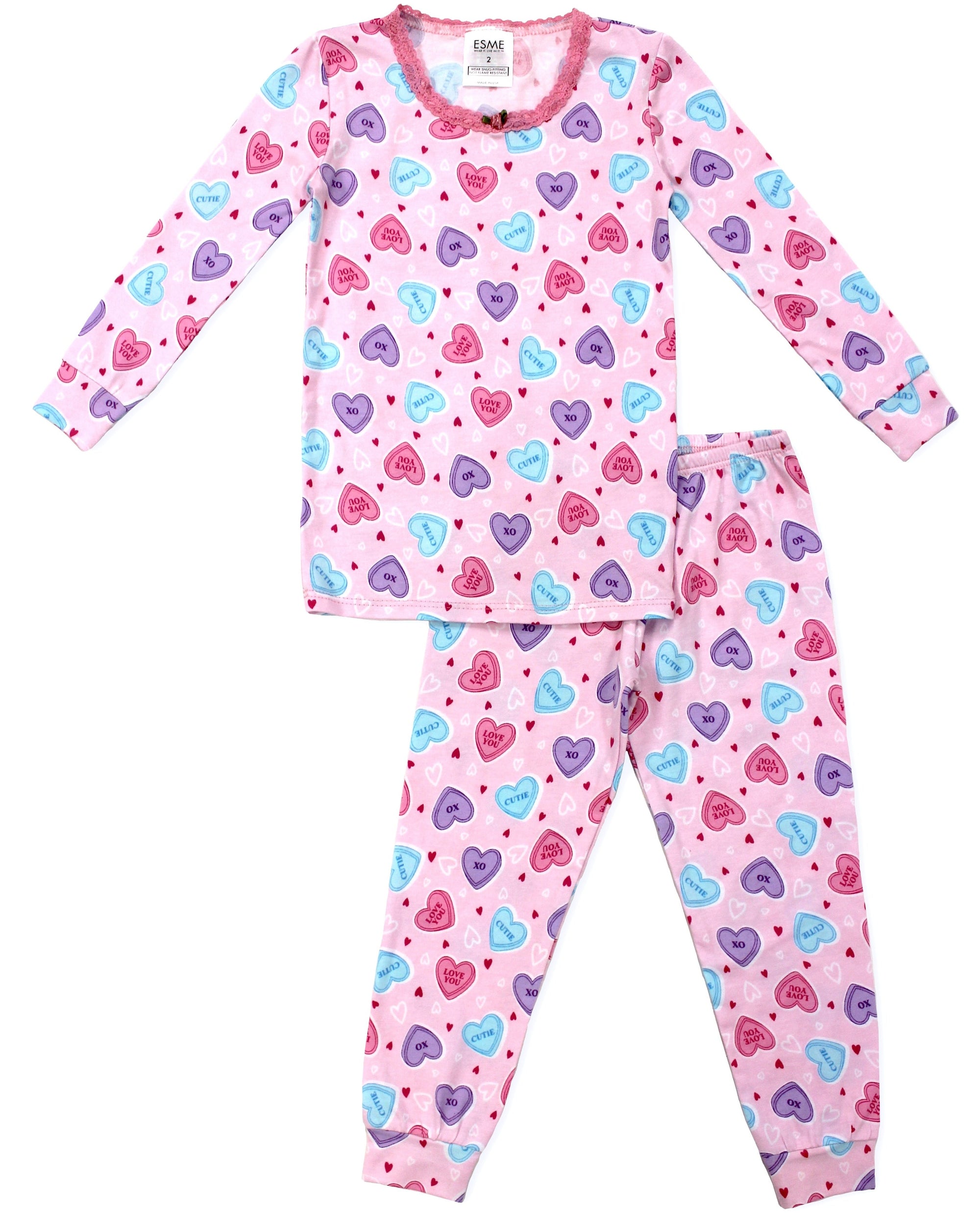Children's pajama set with heart pattern on a white background