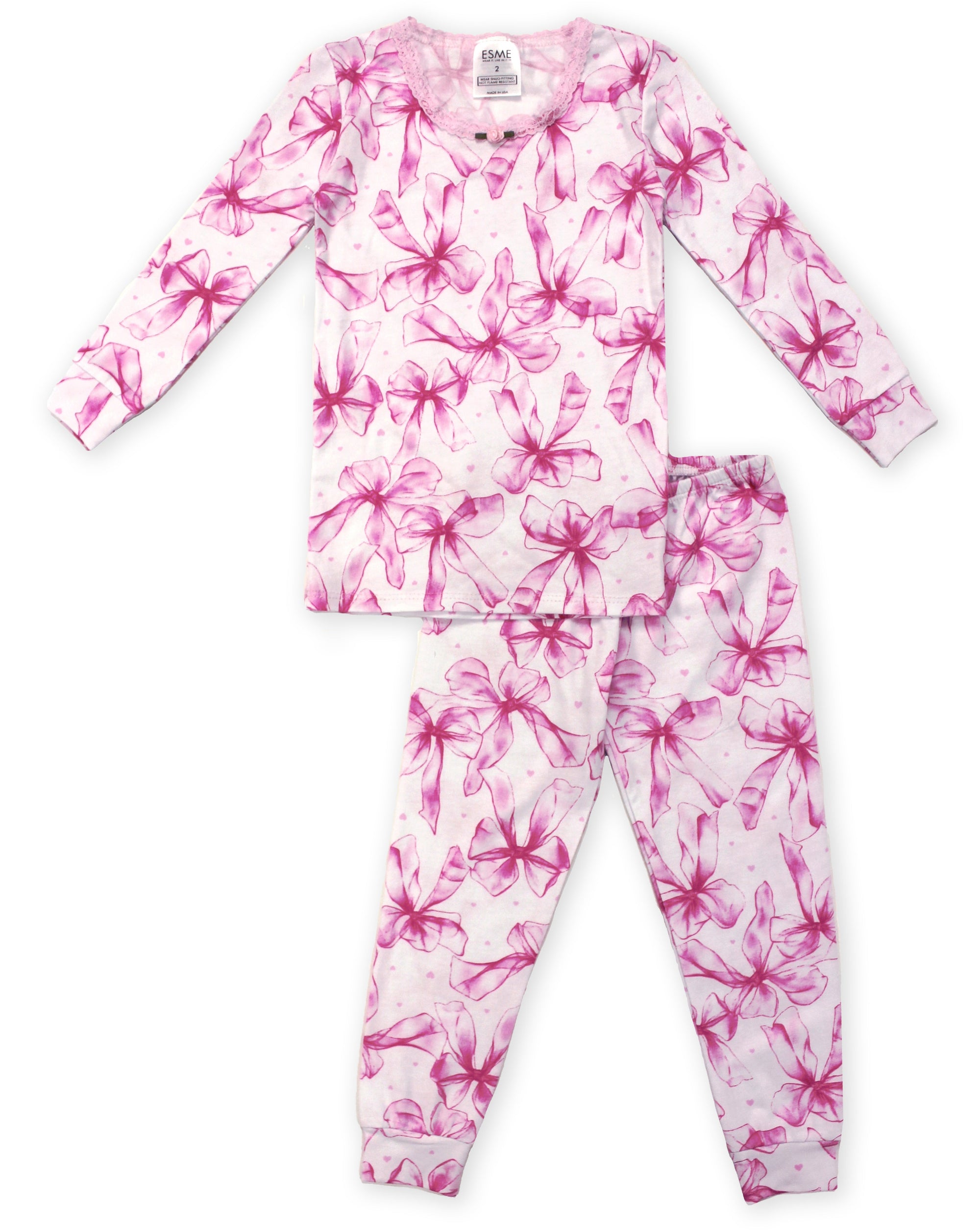 Girls Pink and white pajama set with floral pattern on a white background