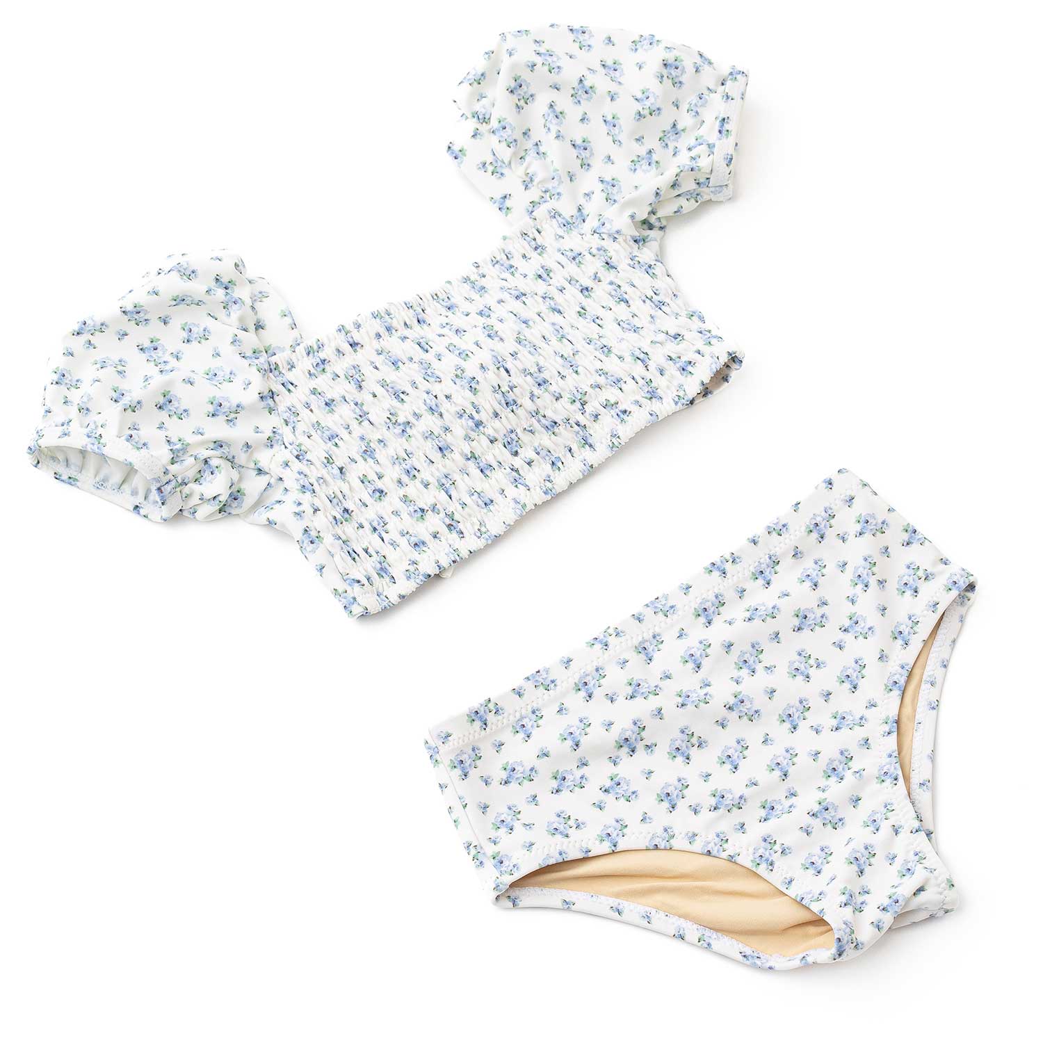 Shade Critters Cottage Floral Blue  Smocked Puff Sleeve 2pc Swimsuit