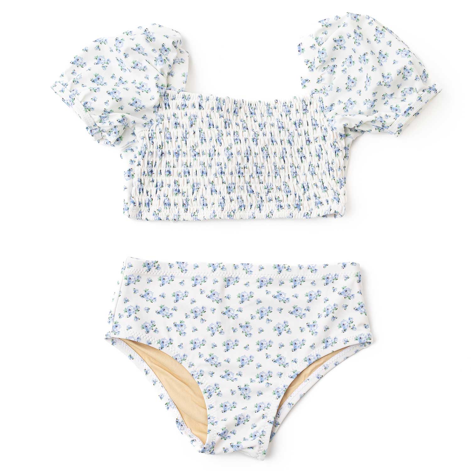 Shade Critters Cottage Floral Blue  Smocked Puff Sleeve 2pc Swimsuit