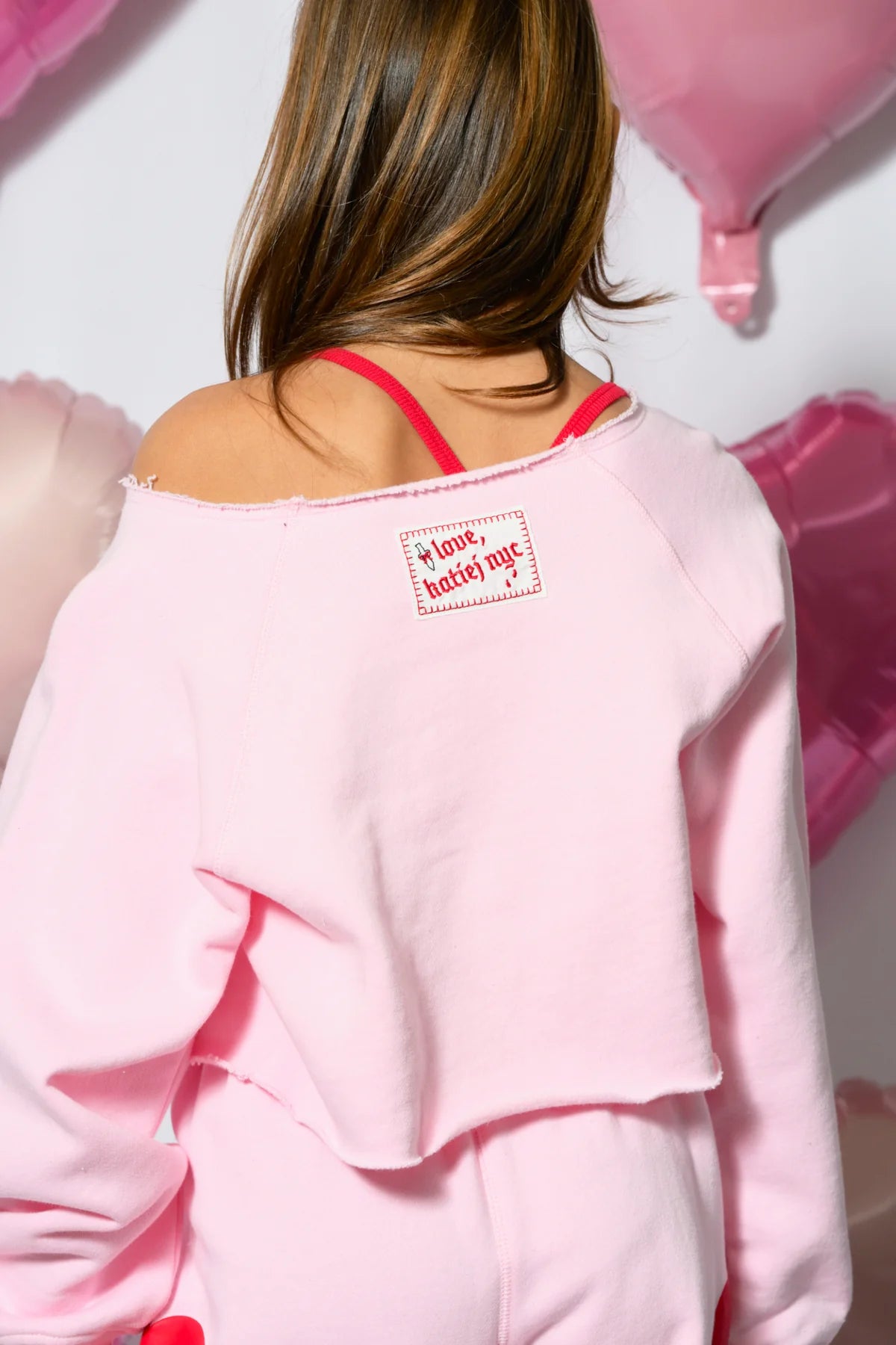 KatieJ NYC Tween Pink/Red Heart Shane Crop Pullover