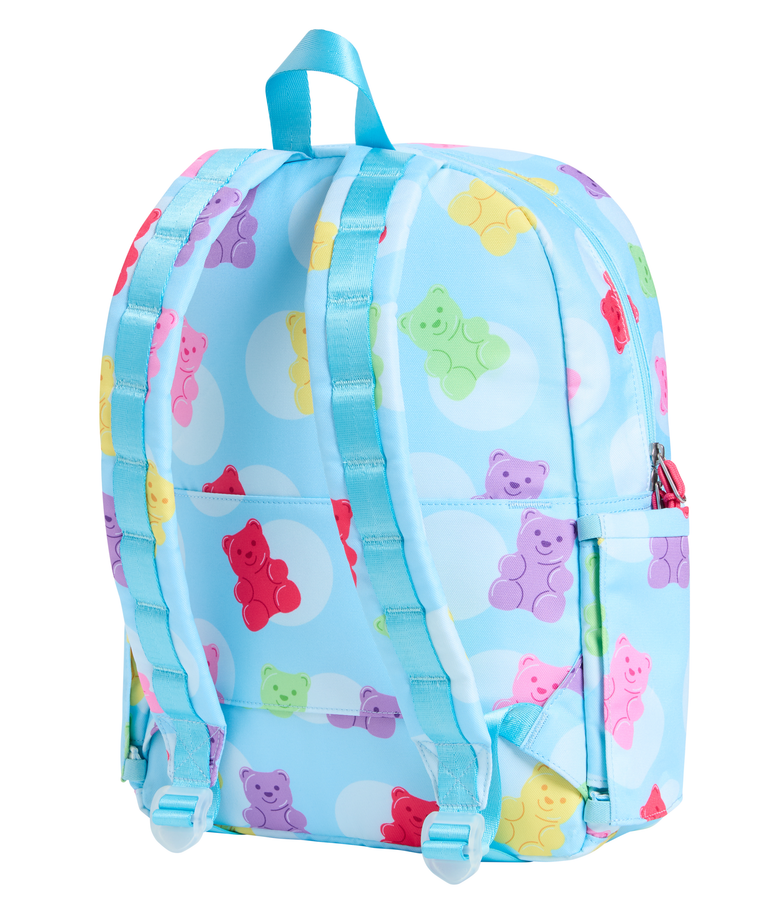 Designer kids backpack with colorful gummy bear print, front zip pocket, side water bottle pockets, and roomy interior for school essentials.