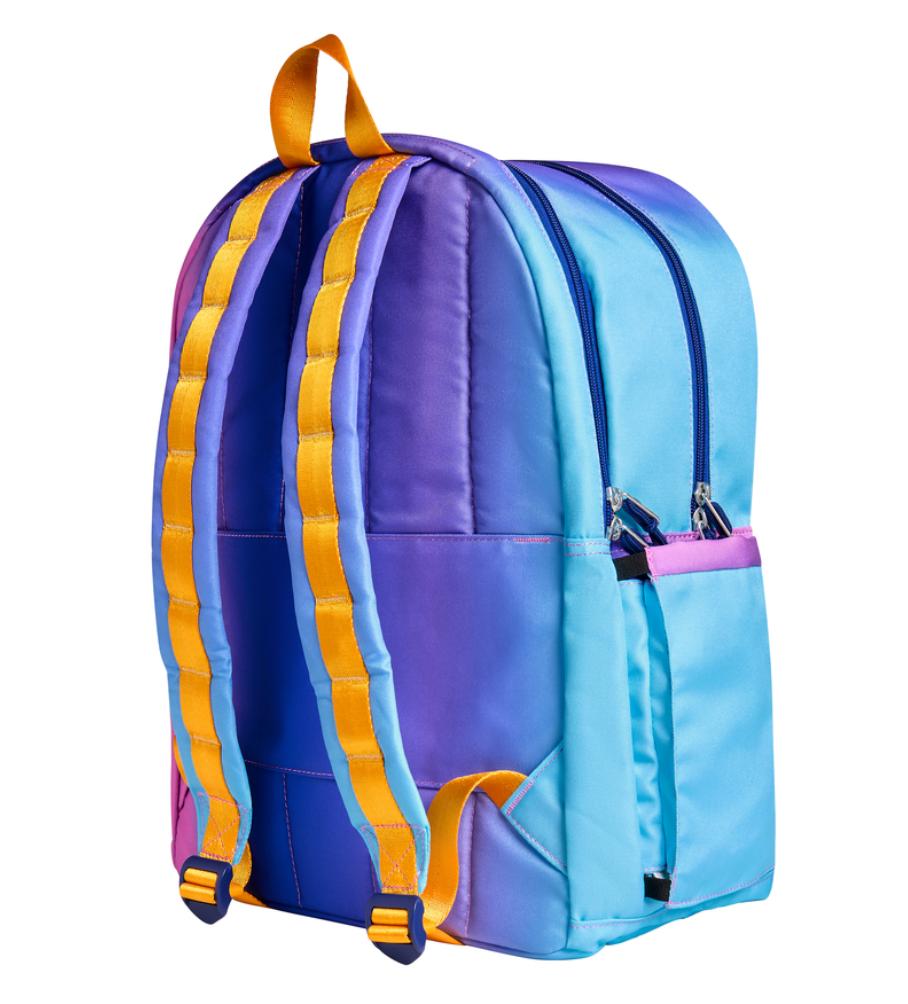 Blue pink gradient backpack that fits a 16-inch laptop, textbooks, binders, and everyday school essentials.