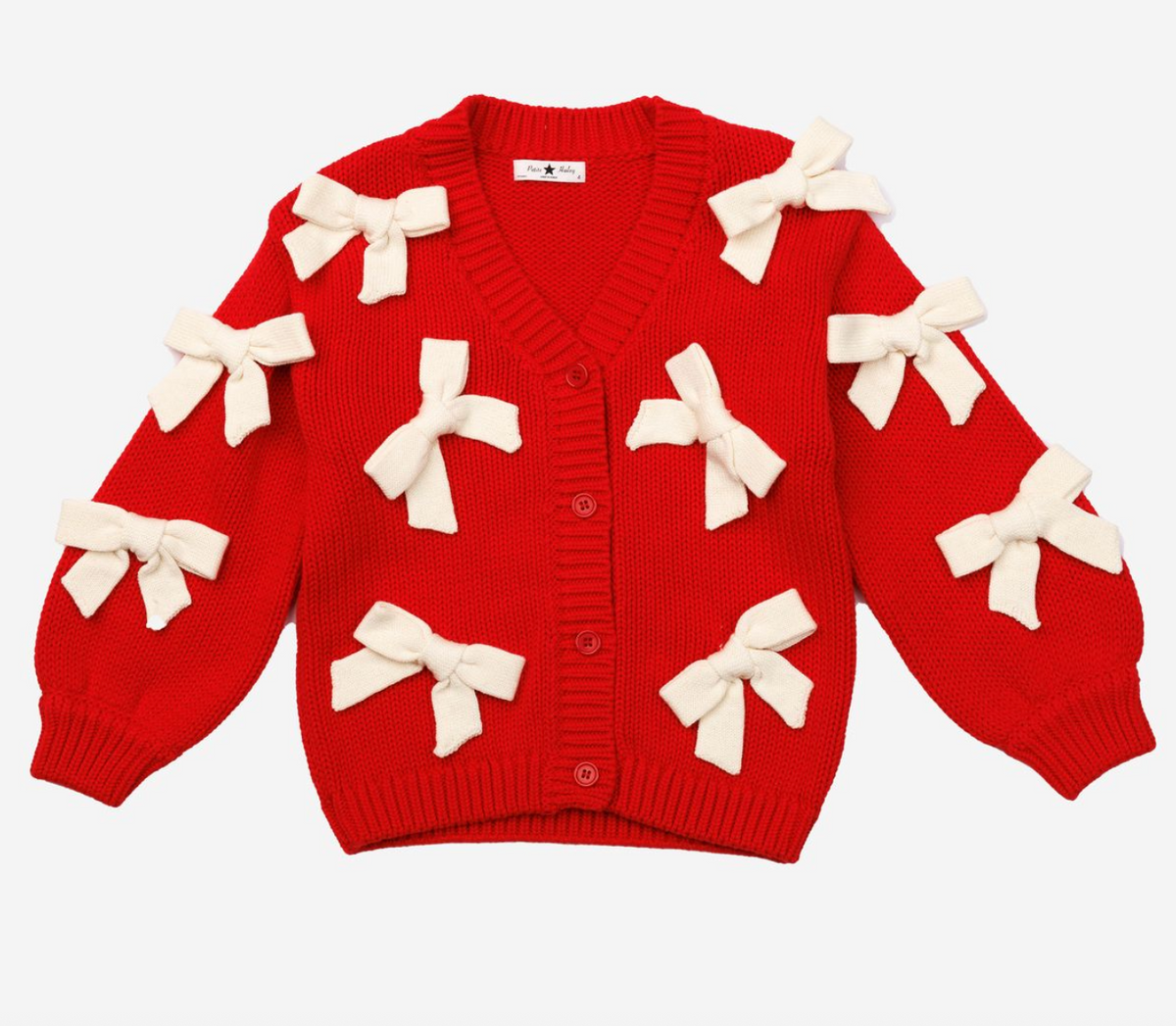 Petite Hailey Red + Ivory Bow Cardigan