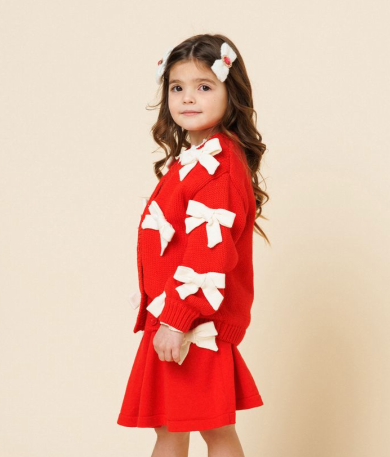 Petite Hailey Red + Ivory Bow Cardigan
