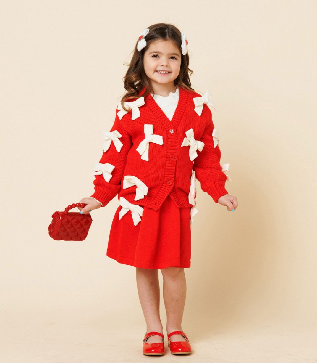 Petite Hailey Red + Ivory Bow Knit Skirt