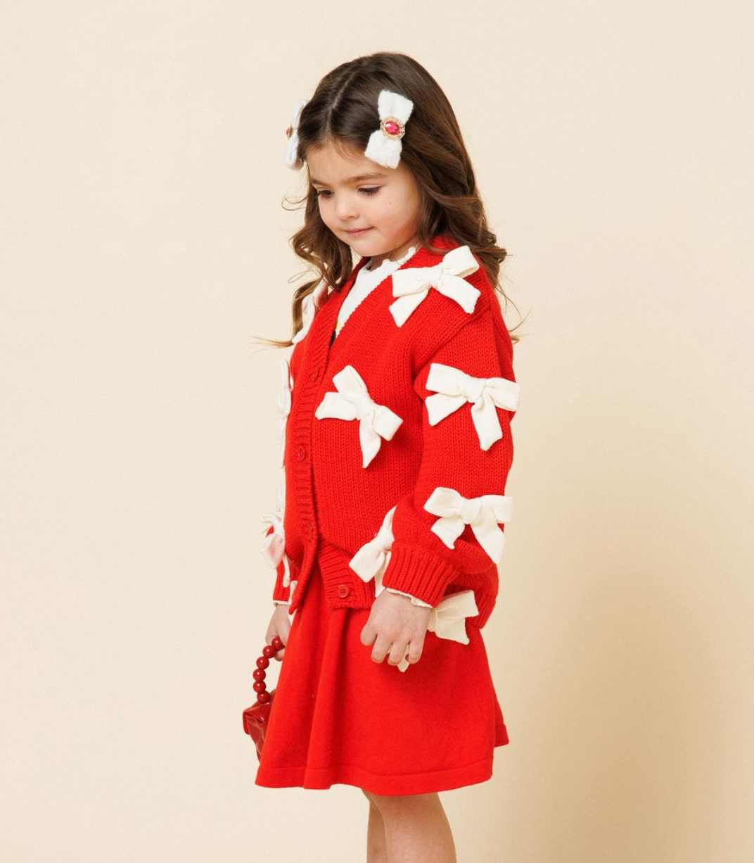 Petite Hailey Red + Ivory Bow Cardigan