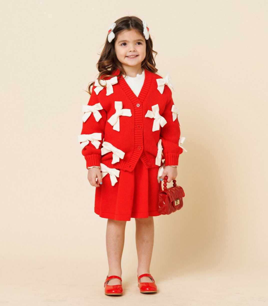 Petite Hailey Red + Ivory Bow Knit Skirt
