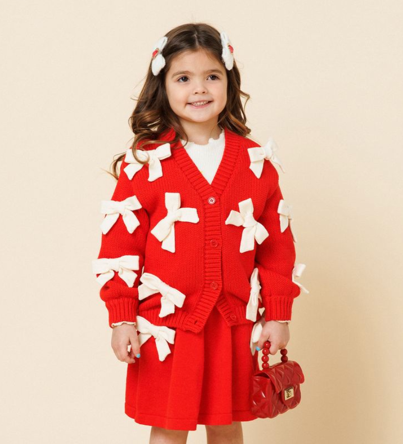 Petite Hailey Red + Ivory Bow Knit Skirt