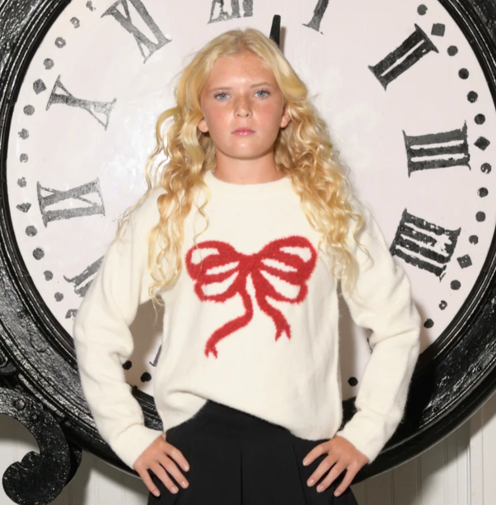 KatieJ NYC Tween Maggie Bow Sweater- Ivory/Red