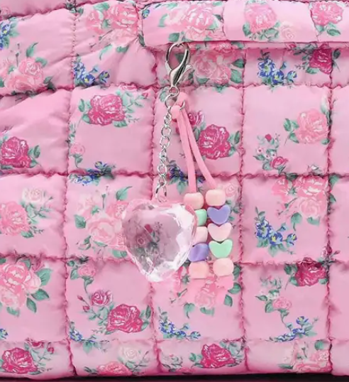 Petal Pink Floral Medium Duffle Bag With Heart Charms