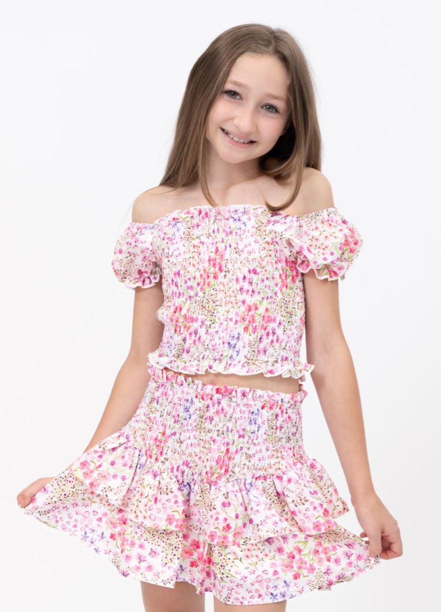 Tweenstyle 2pc Spring Garden Floral Puff Sleeve Top & Skirt Set