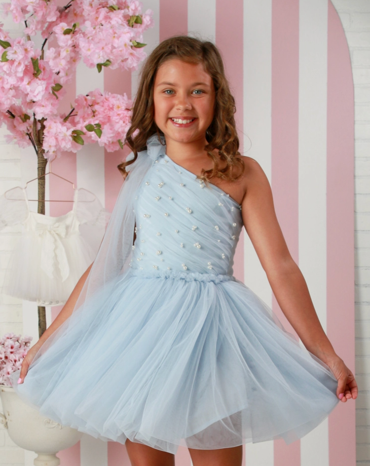 Ooh! La, La! Couture Girls One-Shoulder Pearl Tulle Special Occasion Dress 14