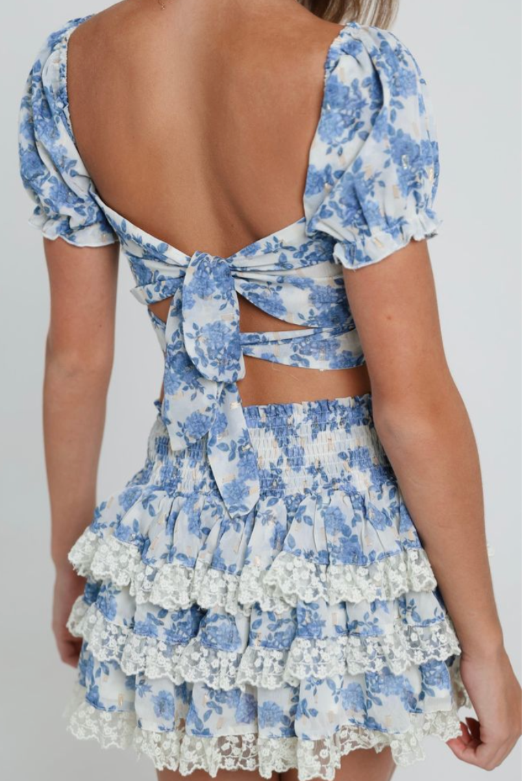 Summer Loving 2pc Coco Puff Sleeve Top & Skirt Set - Blue Reverie