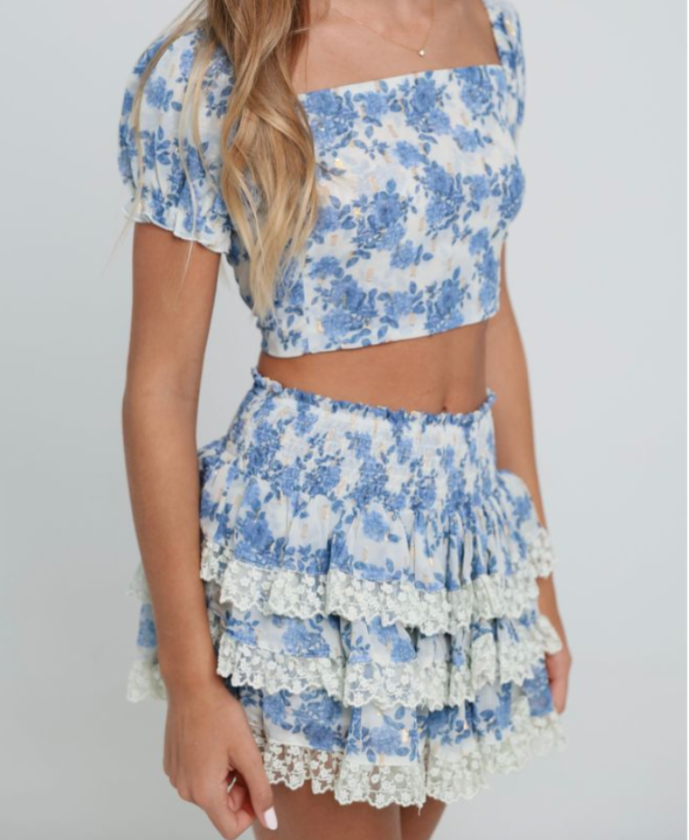 Summer Loving 2pc Coco Puff Sleeve Top & Skirt Set - Blue Reverie