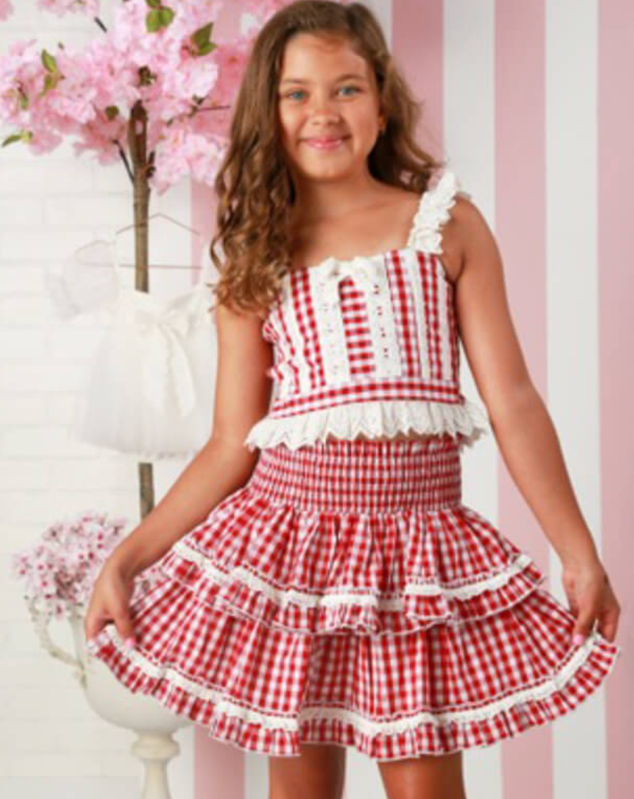 Girls Red Gingham Skirt Set