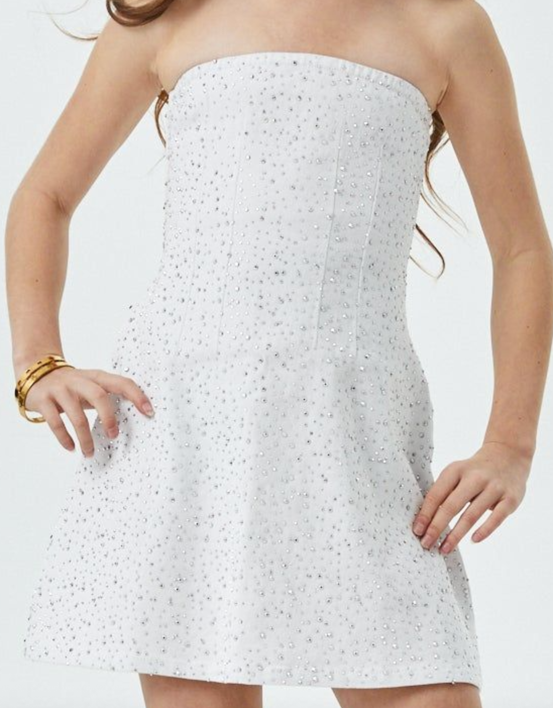 Theme NYC Demi White Denim Studded Crystal Strapless Dress