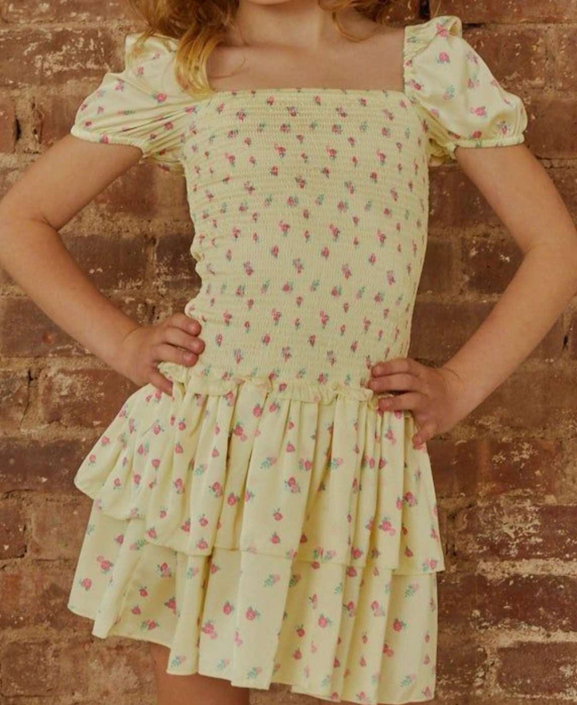Theme NYC Lexi Yellow Ditsy Satin Smocked Ruffle Dress