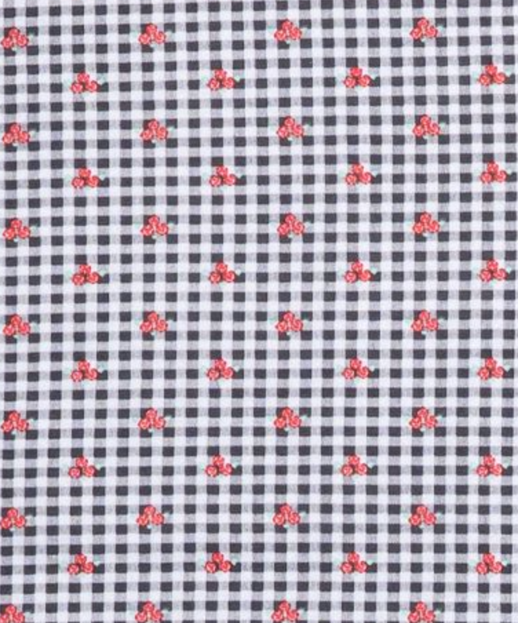 Black and white checkered fabric with red floral pattern