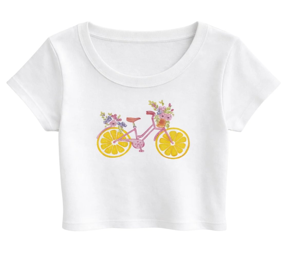 KatieJ lemon bike graphic tee white tween t-shirt with floral bicycle and fruit print