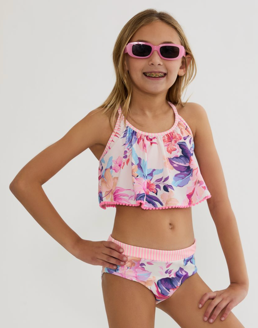 modest tween girls bikini floral print ruffle top crisscross straps